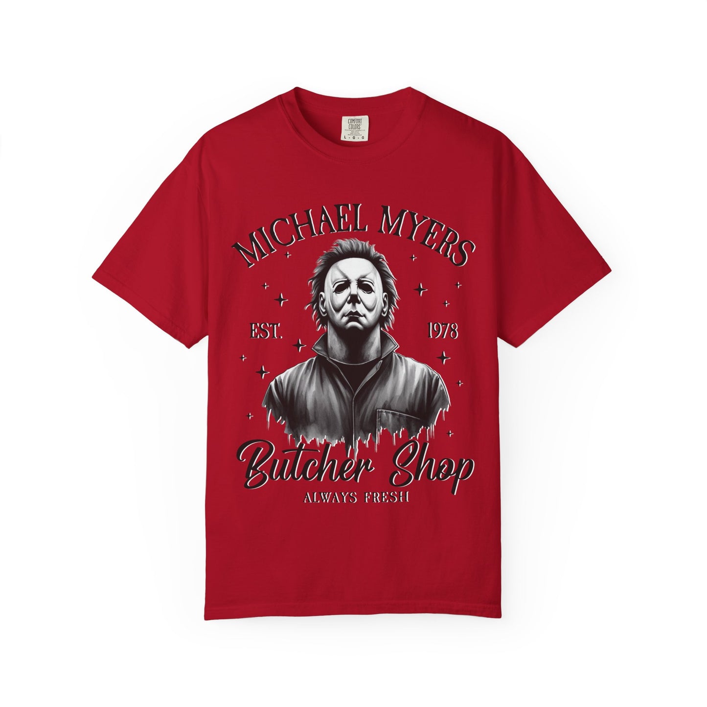 Michael Myers Butcher Shop T-Shirt, Unisex Horror Tee, Halloween Costume Shirt, Gift for Horror Fans, Graphic Novelty Shirt, Spooky Apparel