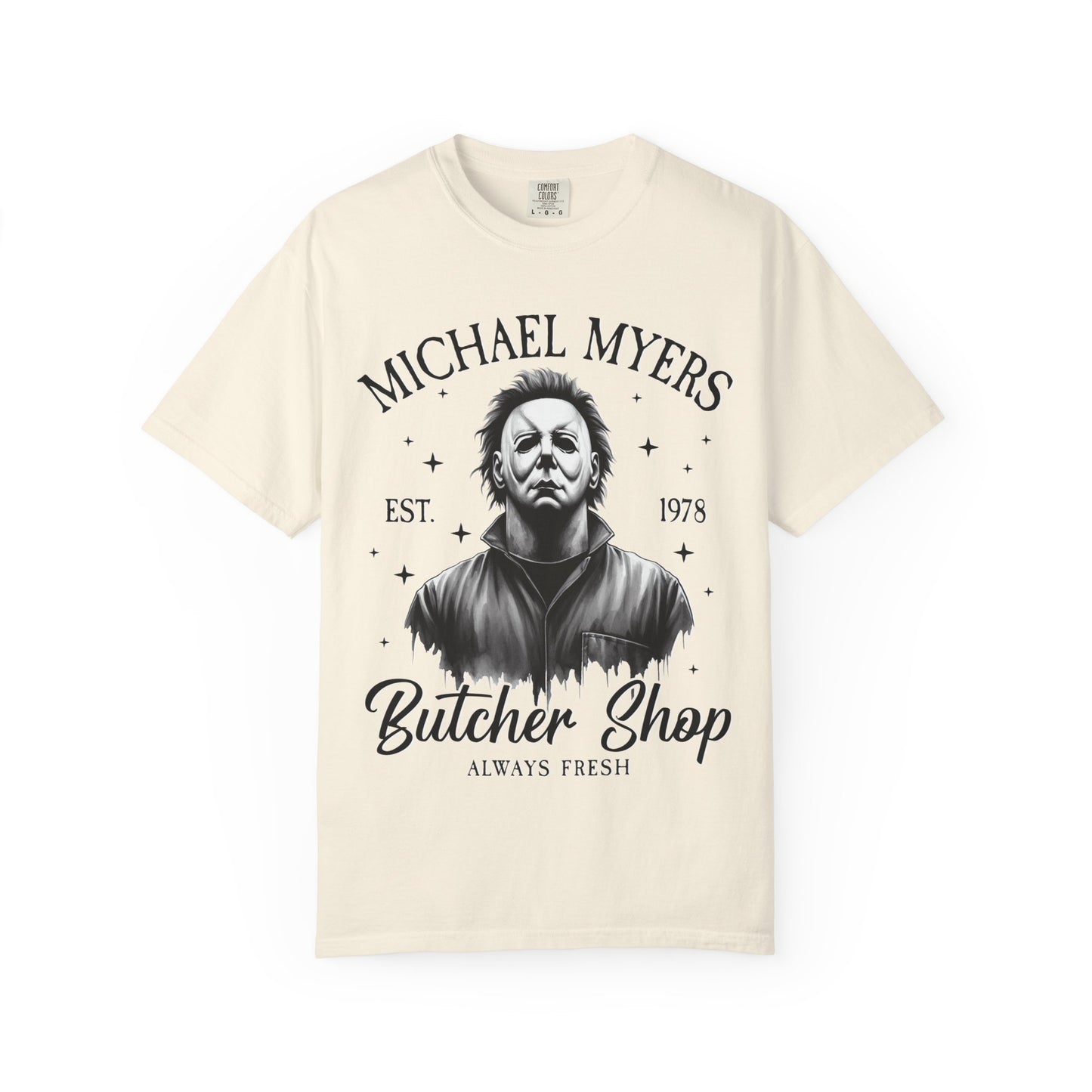 Michael Myers Butcher Shop T-Shirt, Unisex Horror Tee, Halloween Costume Shirt, Gift for Horror Fans, Graphic Novelty Shirt, Spooky Apparel