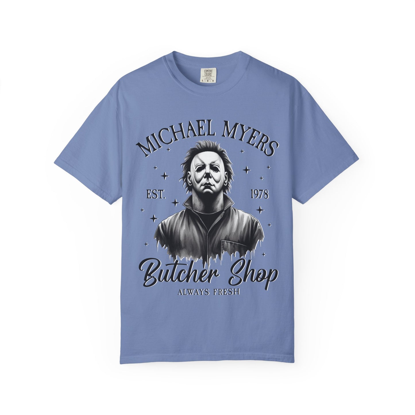 Michael Myers Butcher Shop T-Shirt, Unisex Horror Tee, Halloween Costume Shirt, Gift for Horror Fans, Graphic Novelty Shirt, Spooky Apparel