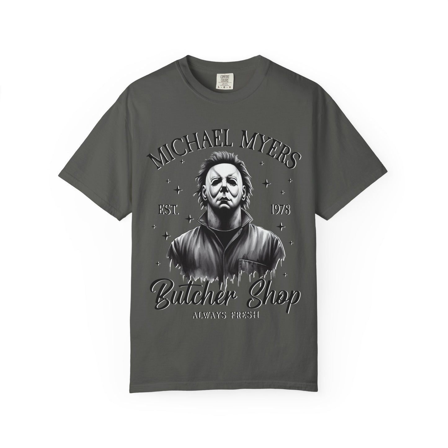 Michael Myers Butcher Shop T-Shirt, Unisex Horror Tee, Halloween Costume Shirt, Gift for Horror Fans, Graphic Novelty Shirt, Spooky Apparel