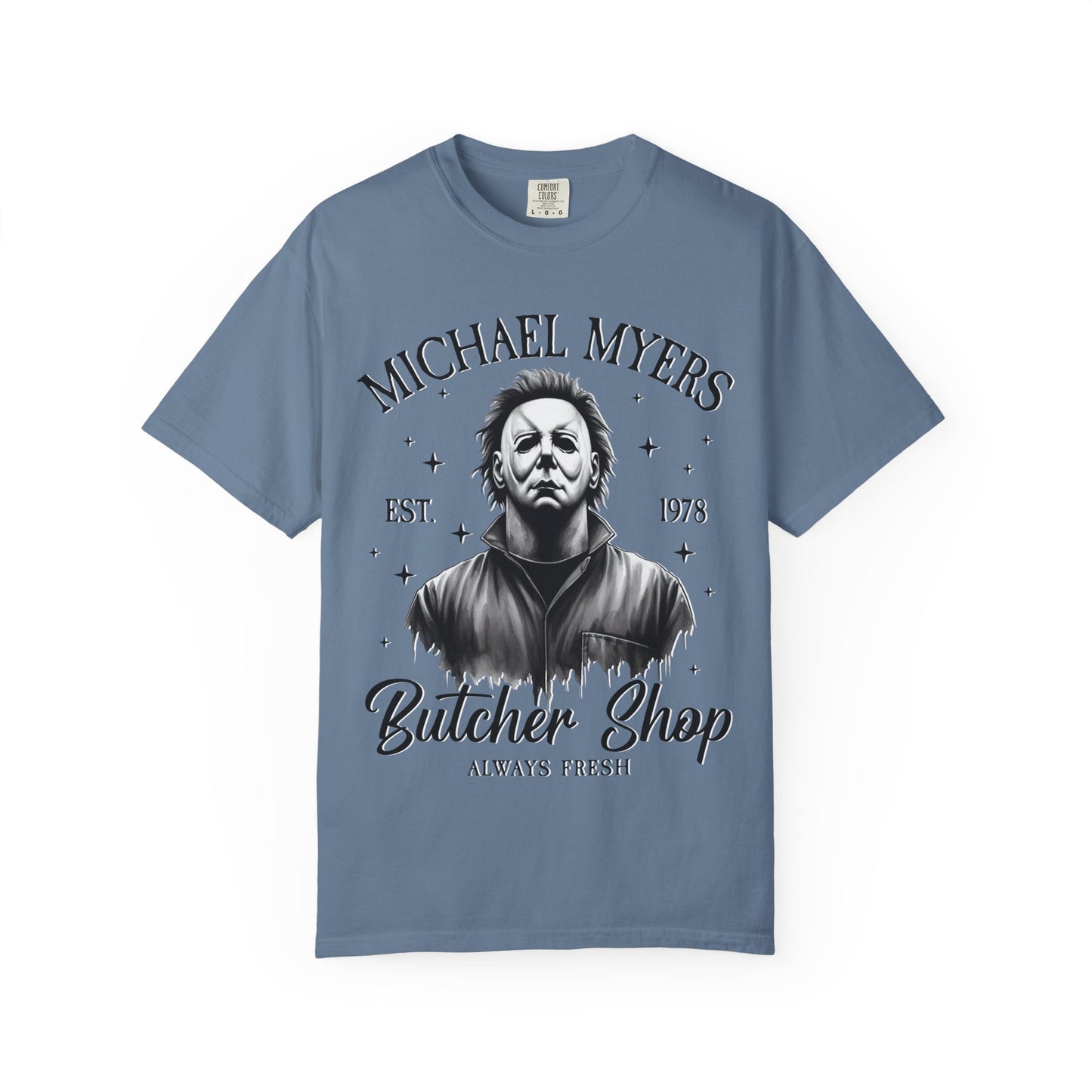 Michael Myers Butcher Shop T-Shirt, Unisex Horror Tee, Halloween Costume Shirt, Gift for Horror Fans, Graphic Novelty Shirt, Spooky Apparel