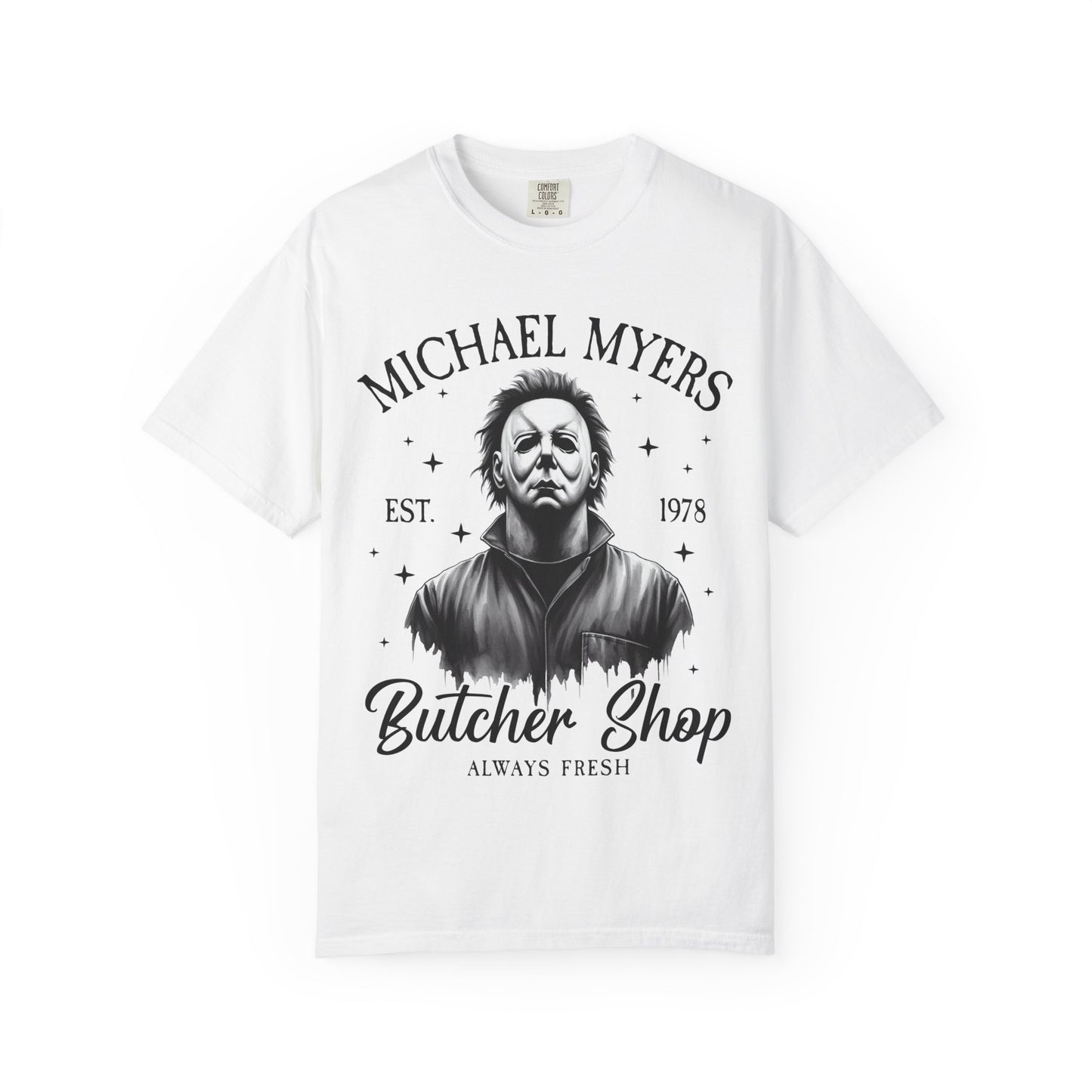 Michael Myers Butcher Shop T-Shirt, Unisex Horror Tee, Halloween Costume Shirt, Gift for Horror Fans, Graphic Novelty Shirt, Spooky Apparel