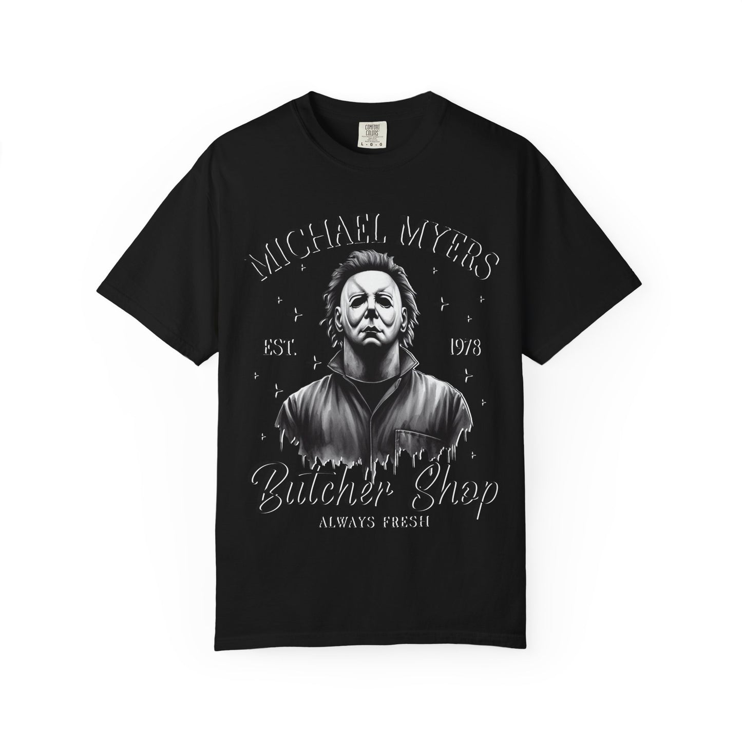 Michael Myers Butcher Shop T-Shirt, Unisex Horror Tee, Halloween Costume Shirt, Gift for Horror Fans, Graphic Novelty Shirt, Spooky Apparel