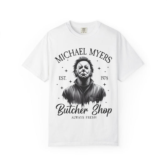 Michael Myers Butcher Shop T-Shirt, Unisex Horror Tee, Halloween Costume Shirt, Gift for Horror Fans, Graphic Novelty Shirt, Spooky Apparel